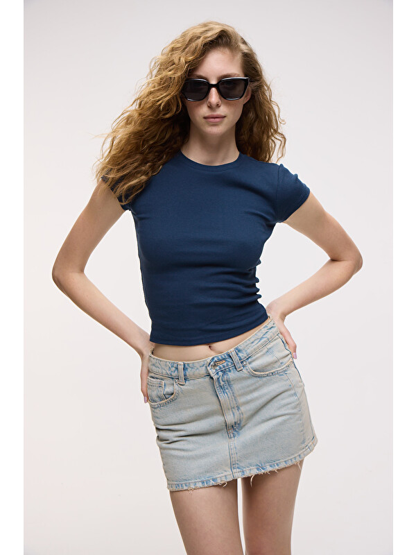 GRIMELANGE HOPEWELL Kadın Yuvarlak Yaka Örme Slim Fit LACİVERT T-Shirt