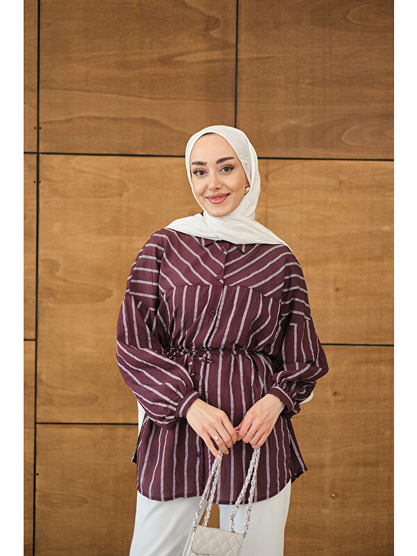 Locco Moda Kadın Çizgi Detaylı Salaş Gömlek Mürdüm