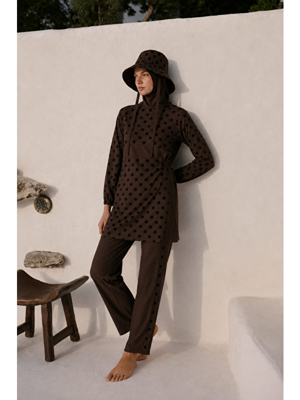 Mevra PEARL DOT | Siyah Puantiyeli Kahve Tesettür Mayo 5 li Set