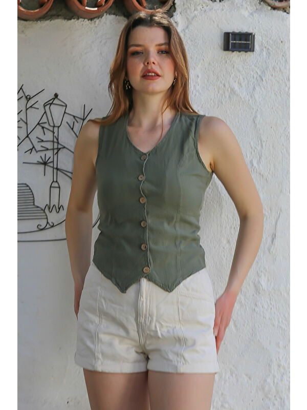 Chiccy Haki V Yaka Düğmeli Yıkamalı Kulplu Casual Fitted Dokuma Yelek 55 45