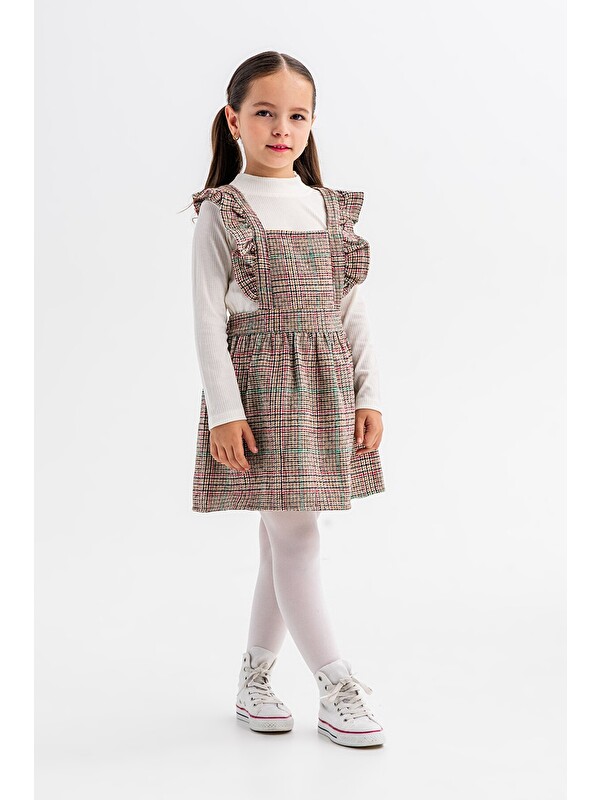 Cansın Mini Yeşil Kız Çocuk Ekose Desenli Salopet Takım 22680