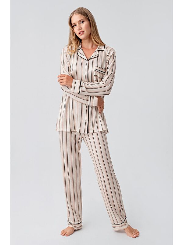 Artış Uzun Kollu Çizgili Düğmeli Esnek Elastanlı Viskoz Soft Pijama Takım 18220