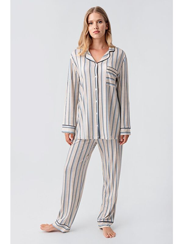 Artış Uzun Kollu Çizgili Düğmeli Esnek Elastanlı Viskoz Soft Pijama Takım 18220