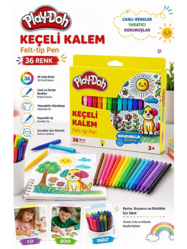 Play-Doh Keçeli Kalem 36 Renk 1 Paket 36 lı Keçeli Kalem Canlı Renkler Yıkanabilir Kaliteli Öğrenci