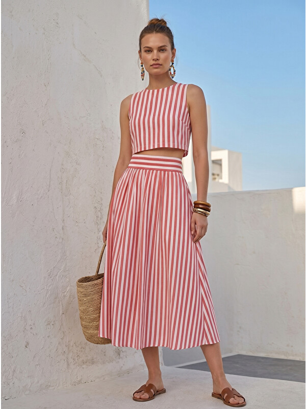 Catz Clothes Kırmızı Beyaz Çizgili Midi Etek ve Kolsuz Crop Bluz Takım