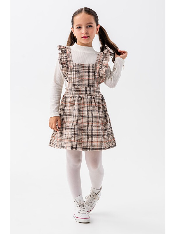 Cansın Mini Turuncu Kız Çocuk Ekose Desenli Salopet Takım 22682