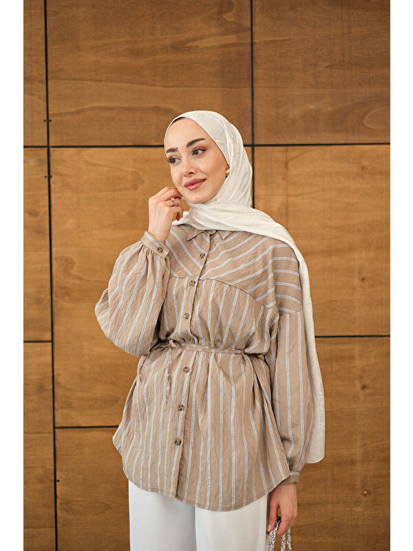 Locco Moda Kadın Çizgi Detaylı Salaş Gömlek Vizon