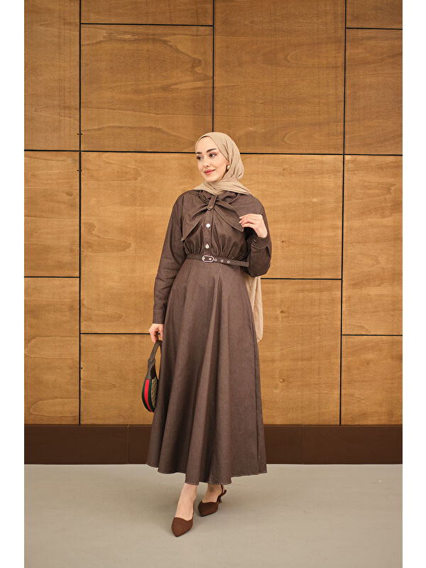 Locco Moda Kadın Süs Dikiş Detay Kemerli Elbise Kahverengi