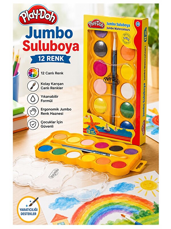 Play-Doh 8 Renk Jumbo Sulu Boya 1 Paket 8 li Suluboya Fırça Hediyeli Canlı Renkler Kaliteli Yıkanabilir