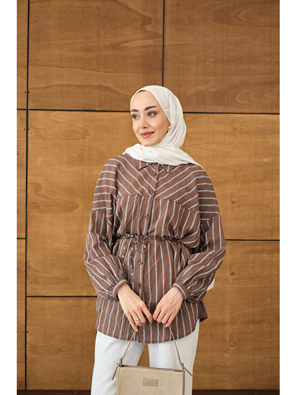 Locco Moda Kadın Çizgi Detaylı Salaş Gömlek Acı Kahve