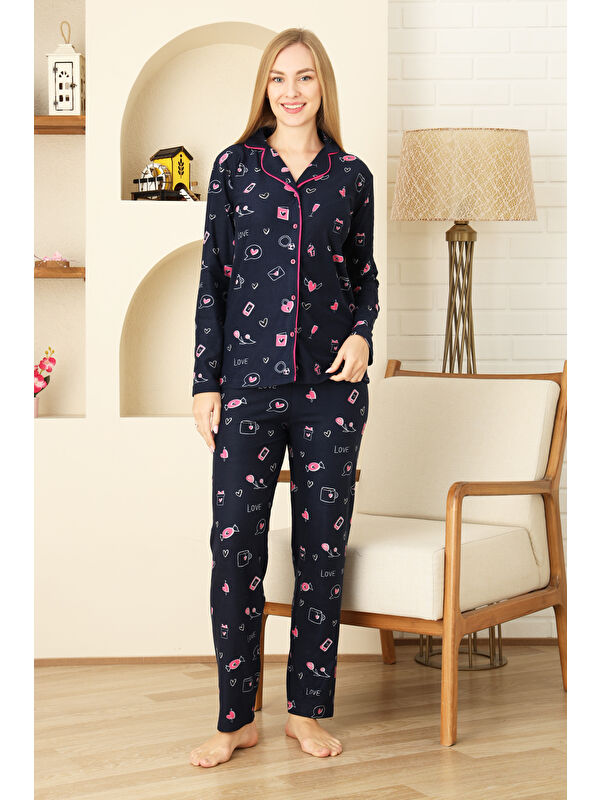 Enisena Kadın Pat Yakalı-Baskılı ve Düğme Kapamalı-%100 Pamuk Pijama Takımı 12353