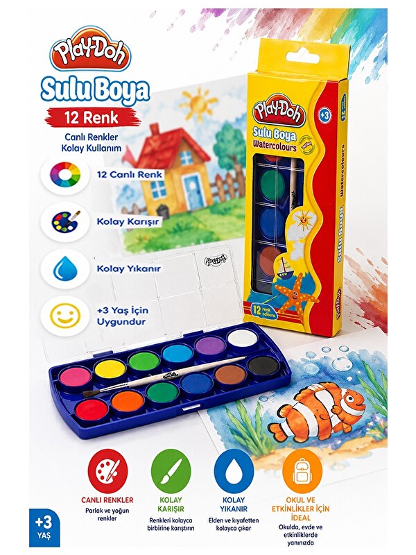 Play-Doh 12 Renk Sulu Boya 23mm 1 Paket 12 li Suluboya Fırça Hediyeli Canlı Renkler Kaliteli Yıkanabilir