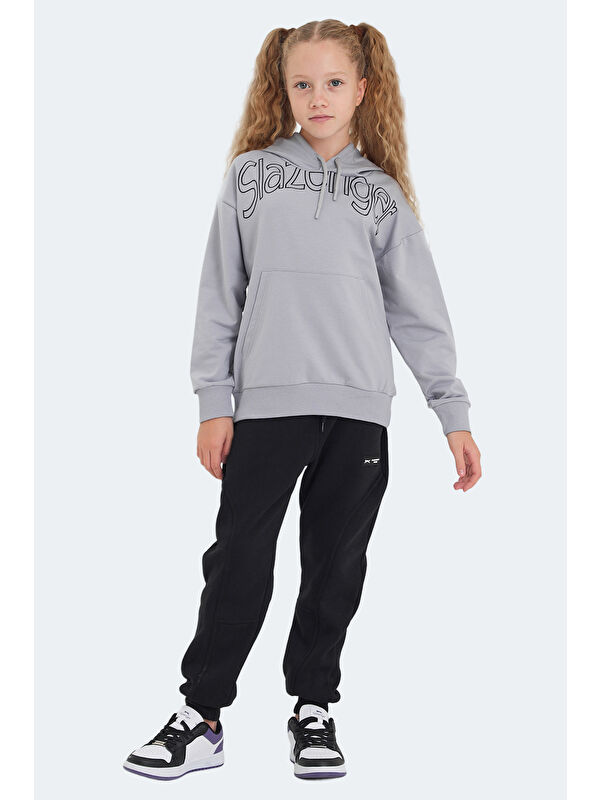 SLAZENGER LETTO Unisex Çocuk Kapüşonlu Cepli Taş Gri Sweatshırt