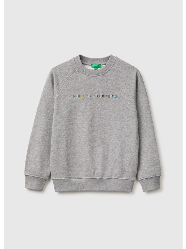 United Colors Of Benetton Erkek Çocuk Gri Melanj Önü İşlemeli Ribanalı Reglan Kollu Bisiklet Yaka Sweatshirt