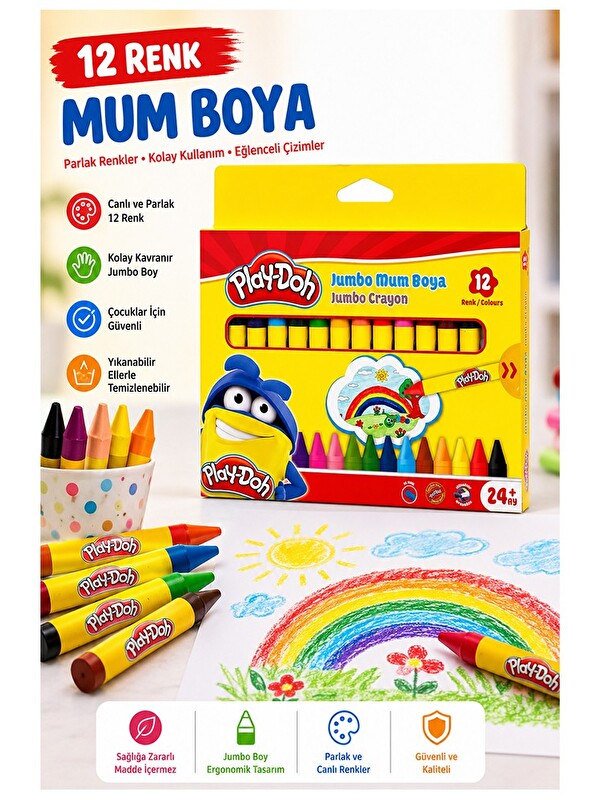 Play-Doh Jumbo Mum Boya 12 Li 1 Paket 12 Renk Mumboya Elleri Kirletmeyen Yıkanabilir Silinebilir Karton Kutu