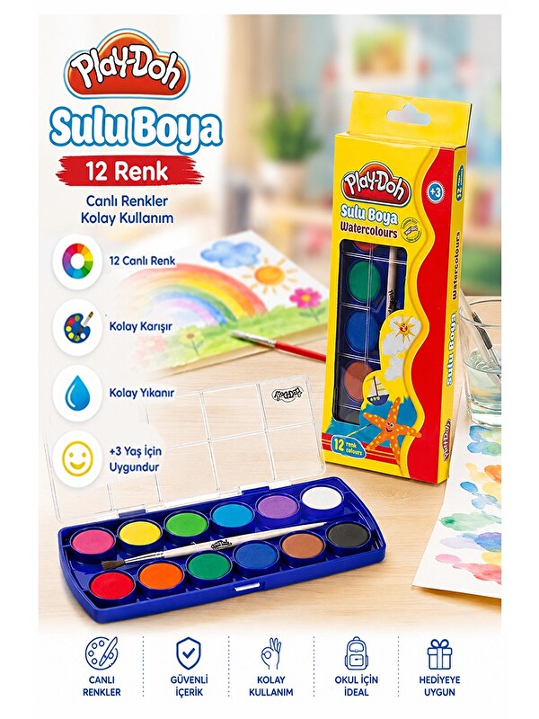 Artlantis 12 Renk Sulu Boya 23mm 1 Paket 12 li Suluboya Fırça Hediyeli Canlı Renkler Kaliteli Yıkanabilir