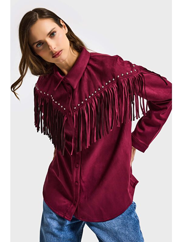 It's Basic Kadın Bordo Süet Kumaş Püskül ve Drop Detaylı Tasarım Gömlek Ceket