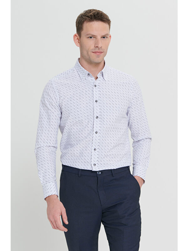 Altınyıldız Classics Erkek Beyaz-Siyah Kolay Ütülenebilir Slim Fit Düğme Yaka Gofre Desenli Gömlek