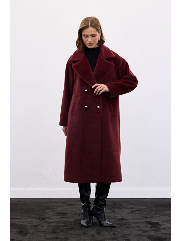 SATEEN Düğme Detaylı Uzun Kaban - Bordo