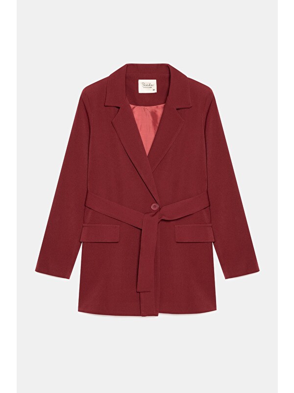 Saade Bordo Kadın Tek Düğmeli Dokuma Kruvaze Blazer Ceket - Kuşaklı