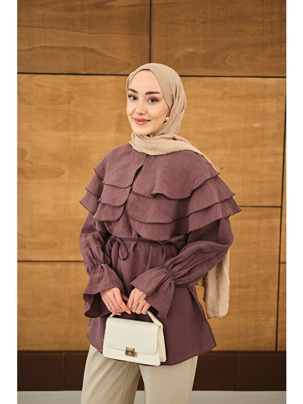 Locco Moda Kadın Geniş Katlı Yaka Bel Bağlamalı Tunik Mürdüm