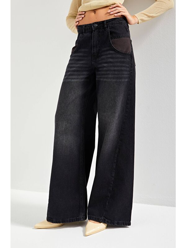 It's Basic Kadın Koyu Füme Renk 2w5-1 Palazzo Fit Bol Kesim Cep Detaylı %100 Pamuk Denim Jean