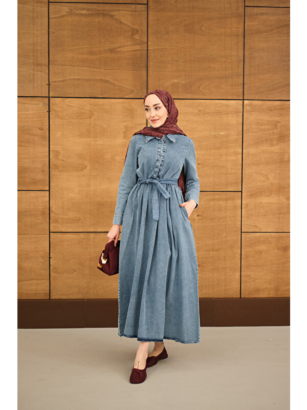 Locco Moda Kadın Büzgü Detay Yarım Düğmeli Bel Bağlamalı Jean Elbise Buz Mavi