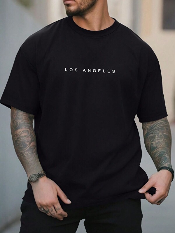 Trendseninle Erkek Siyah LosAngeles Log %100 Organik Pamuk Örme Oversize Tişört