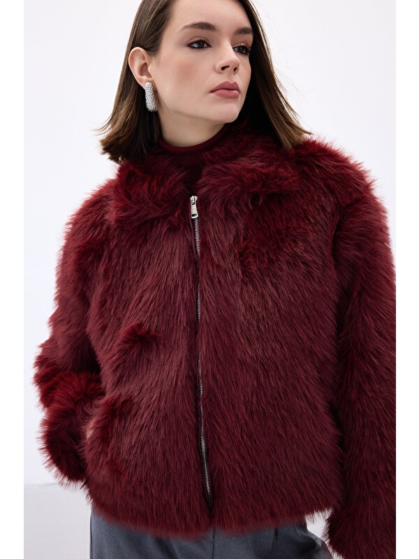 SATEEN Fermuarlı Kürk - Bordo