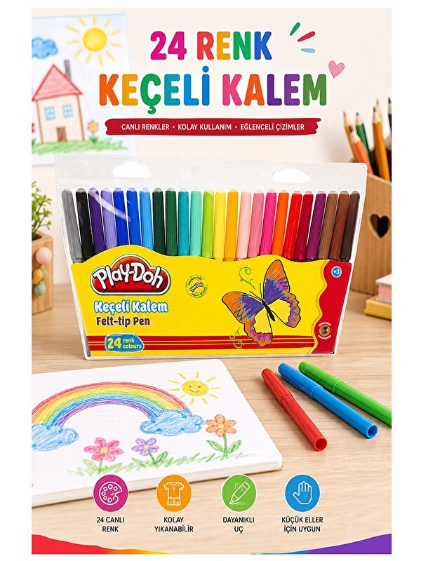 artmaster Keçeli Kalem 24 Renk 1 Paket 24 lü Keçeli Kalem Canlı Renkler Yıkanabilir Kaliteli Okul Öğrenci