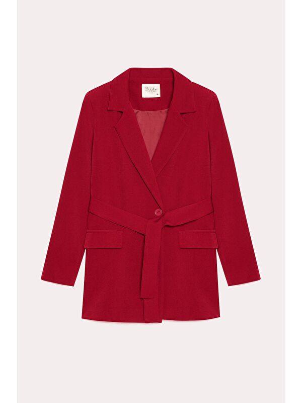 Saade Kırmızı Kadın Tek Düğmeli Dokuma Kruvaze Blazer Ceket - Kuşaklı