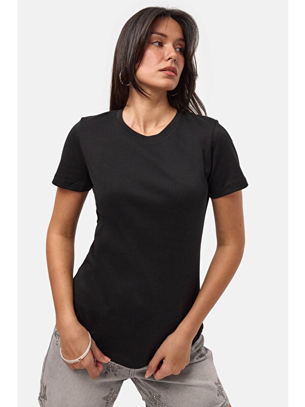 It's Basic Kadın Siyah s6-1 Bisiklet Yaka Organik Pamuk T-Shirt