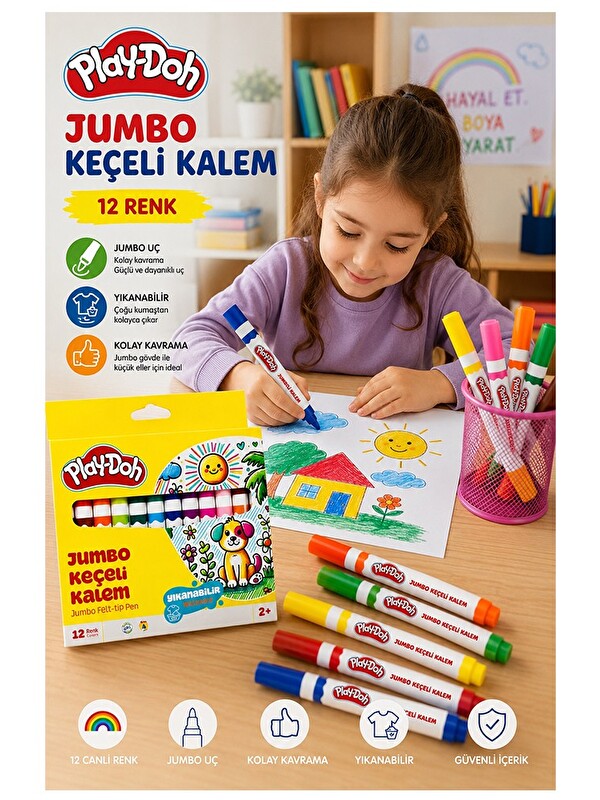 Play-Doh Keçeli Kalem 12 Renk Jumbo 1 Paket 12 li Keçeli Kalem Canlı Renkler Yıkanabilir