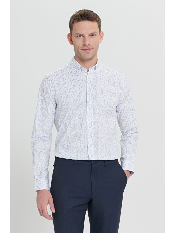 Altınyıldız Classics Erkek Beyaz-Lacivert Slim Fit Dar Kesim Klasik Yaka Pamuklu Armürlü Gömlek