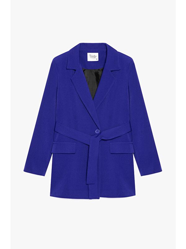 Saade Saks Mavi Kadın Tek Düğmeli Dokuma Kruvaze Blazer Ceket - Kuşaklı