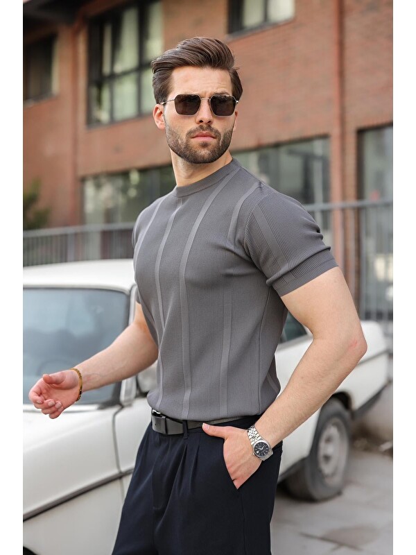 Madmext Antrasit Regular Fit Bisiklet Yaka Fitilli Triko Erkek Tişört E7490