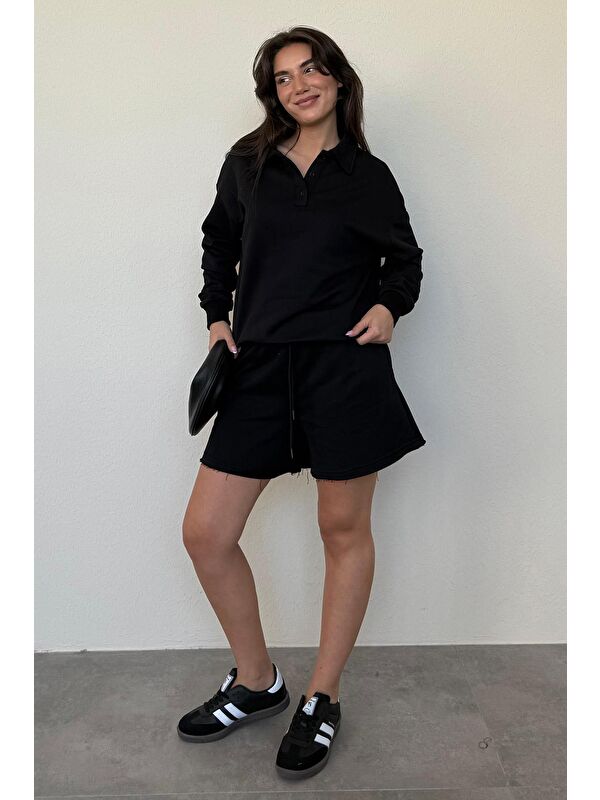 Madmext Siyah Polo Yaka Kadın Şort Sweatshirt Takım Mg2375