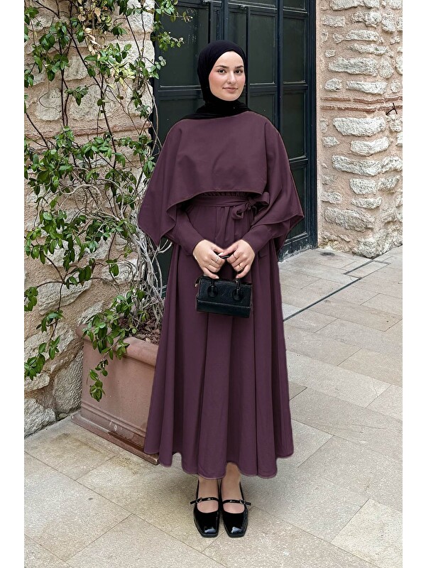 Lamelif Pelerin Detaylı Elbise Mürdüm