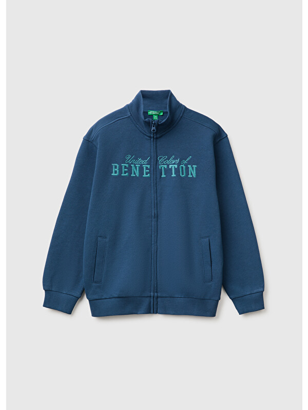 United Colors Of Benetton Erkek Çocuk Lacivert Önü İşlemeli Ribanalı Cepli Fermuarlı Dik Yaka Sweatshirt