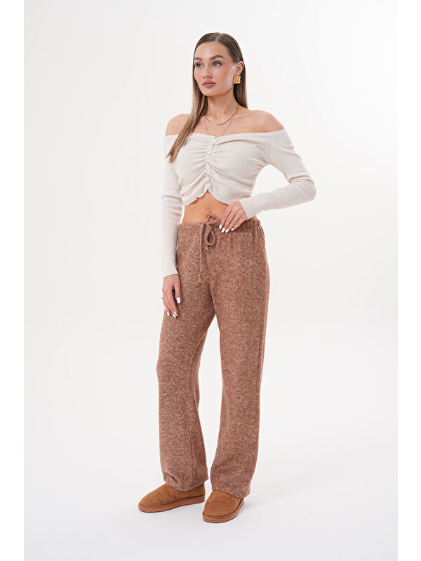 Genius Store Kadın Pantolon Beli Lastikli Cepli Bol Örme Pantolon