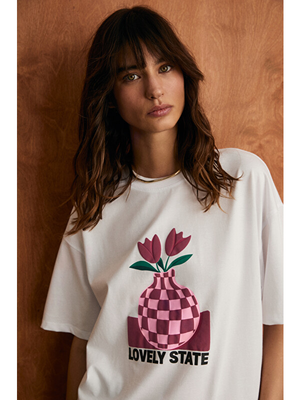 GRIMELANGE SPRINE Kadın Yumuşak Kumaşlı %100 Pamuklu Baskılı Regular BEYAZ T-Shirt