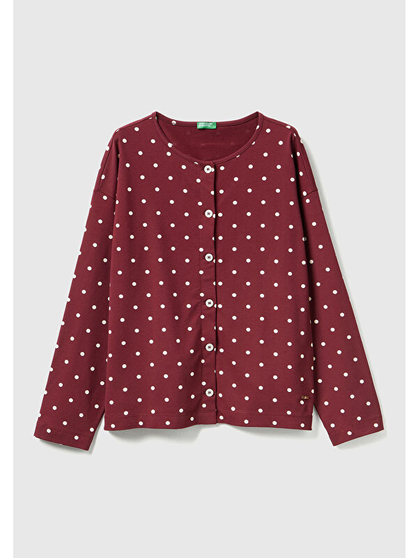 United Colors Of Benetton Kadın Bordo Pamuk Karışımlı Puantiyeli Önü Düğmeli Pijama Üstü