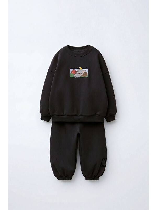 Magu Çocuk Figürlü Siyah Sweatshirt Ve Eşofman Altı Takımı