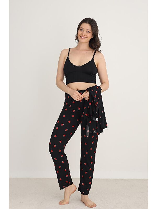 Kompedan Kadın Çilek Desenli İp Askılı Sabahlıklı 3'Lü Pijama Takım | Siyah 80710-889