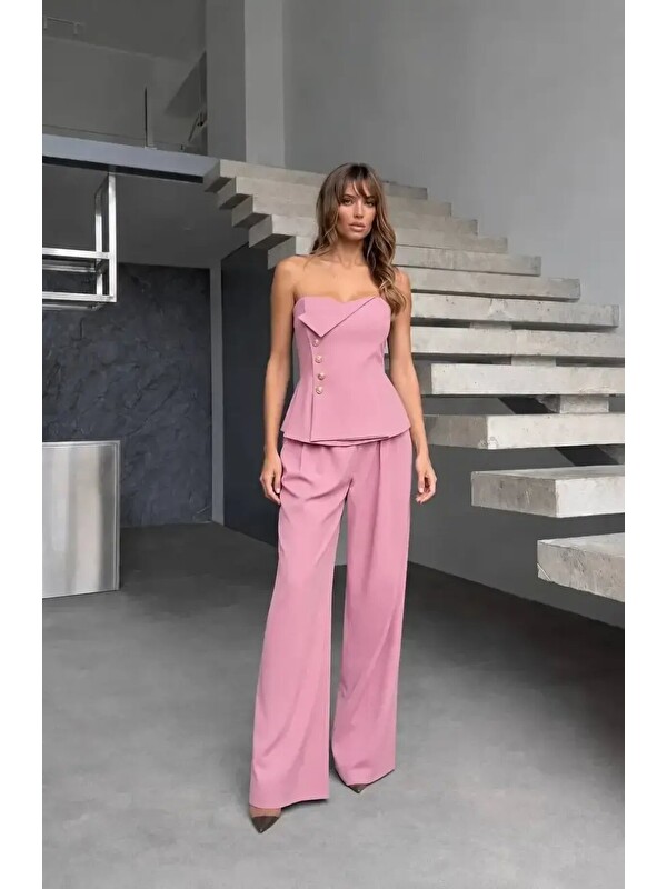 carla10 Straplez Bluz ve Pantolon Alt Üst Takım Pembe