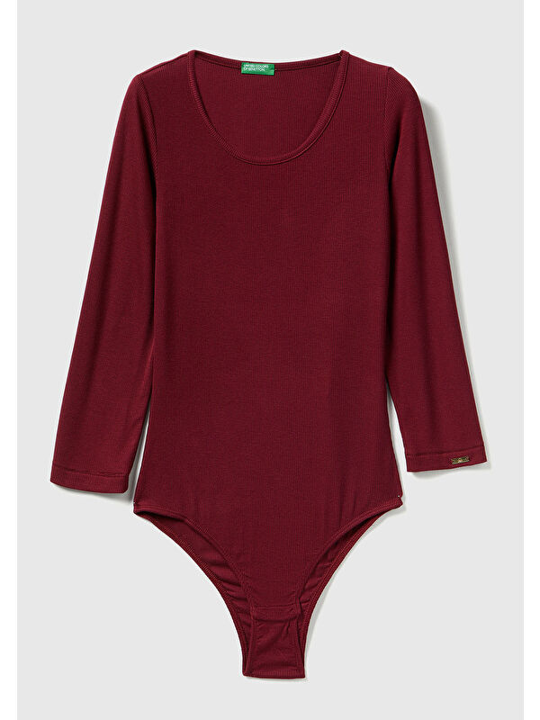 United Colors Of Benetton Kadın Bordo Viskoz Karışımlı Yarım Kol Yuvarlak Yaka Body