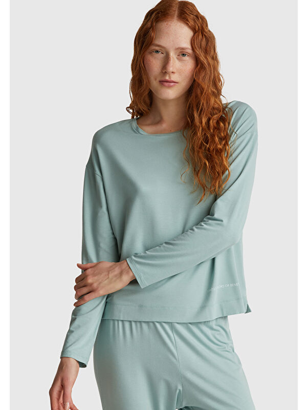 United Colors Of Benetton Kadın Açık Yeşil Modal Karışımlı Yırtmaçlı Bisiklet Yaka Pijama Üstü