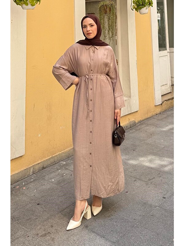 Lamelif Pat Detaylı Elbise Vizonrengi