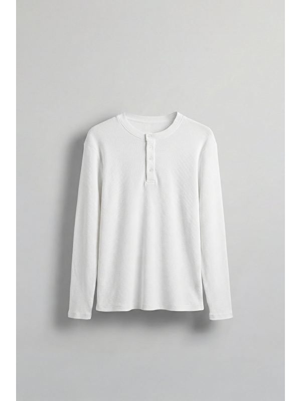 Abluka Online Erkek Oversize Düğmeli Basic Uzun Kollu T-Shirt Ekru