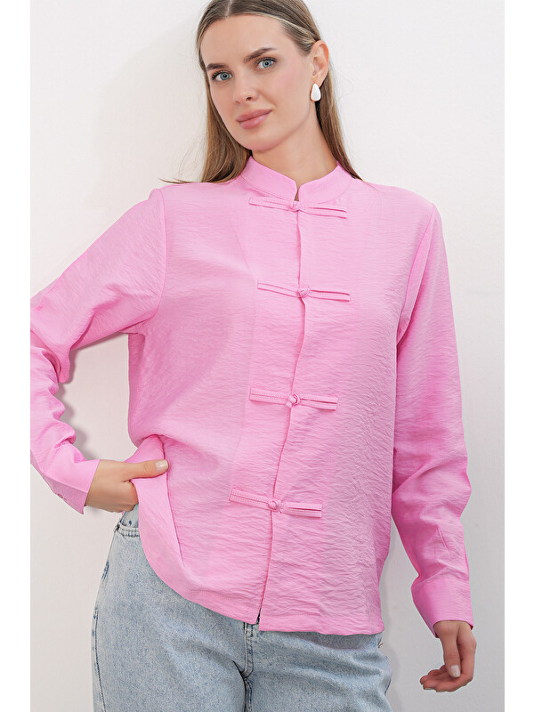 Bigdart Kadın Tasarım Bağcıklı Gömlek 20405 - Pembe